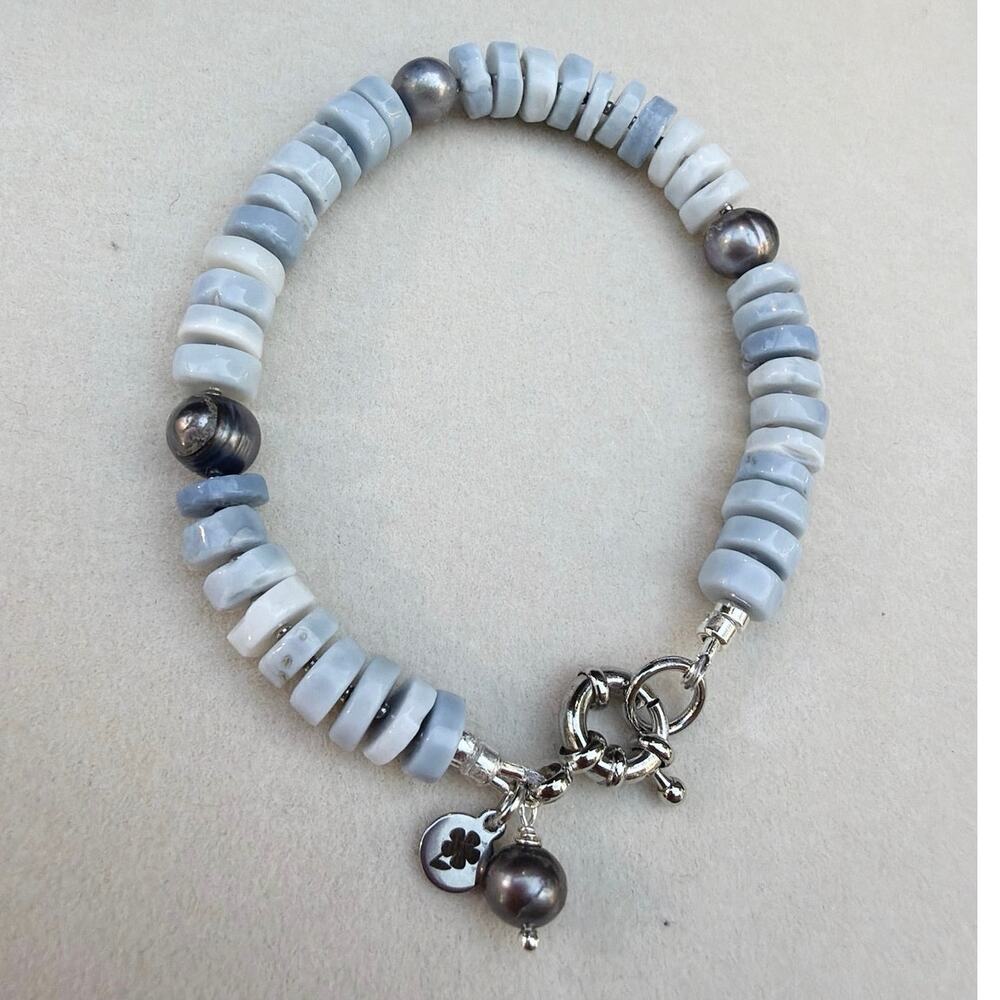 6.5" Gemstone Bracelet, Peruvian Blue Opal & Black Pearl, Coastal, Dainty